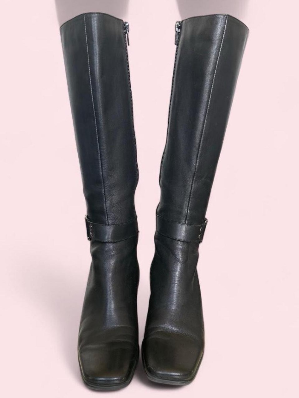 Vintage 90s Square Toe Classic Black Leather Knee-High Boots - Picture 2 of 6